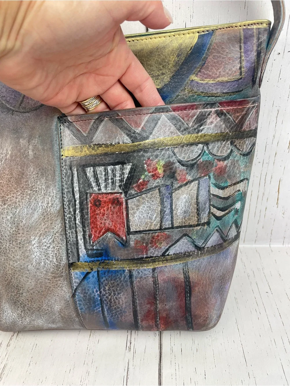 Jane Yoo Wearable Art Hand-painted Signature Leather Shoulder Bag